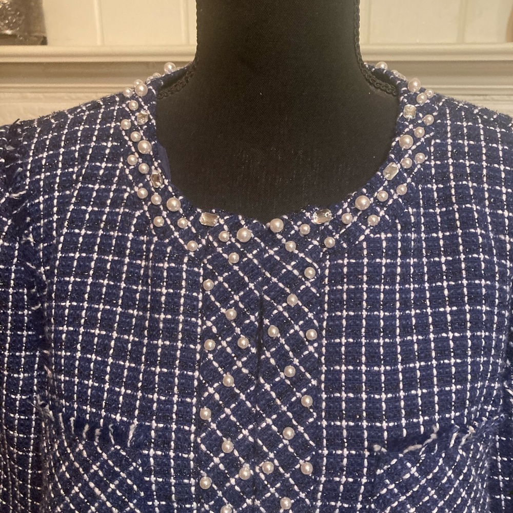Lilly Pulitzer Vianne Tweed Blazer with Navy and White Pearl-Trim Jacket size 10